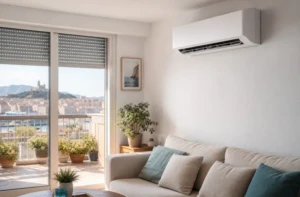 Climatisation murale dans un appartement lumineux a Marseille pendant la canicule