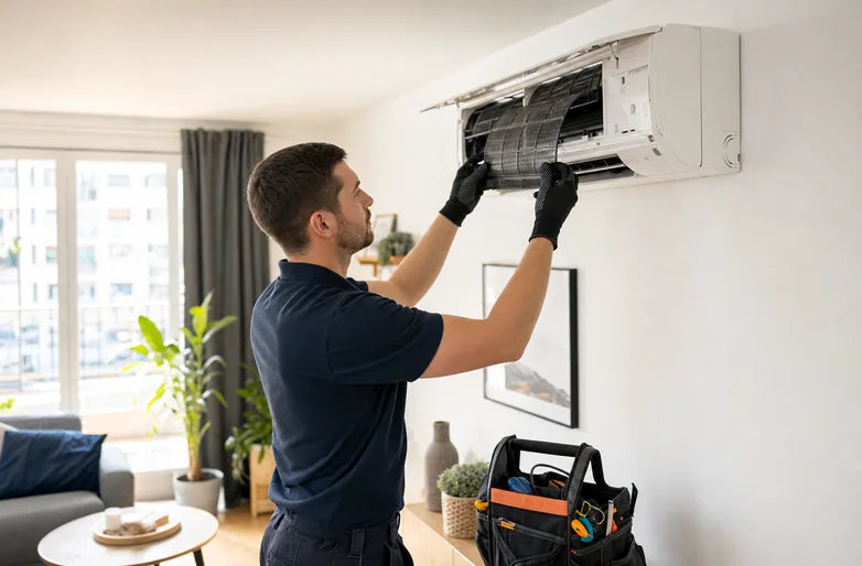 Technicien nettoyant le filtre d'une climatisation murale dans un logement