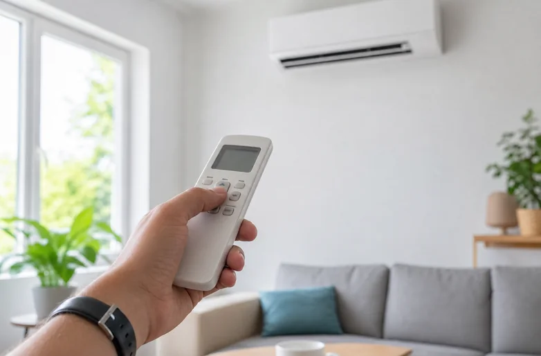 Reglage d'une telecommande de climatisation dans un salon pendant l'ete