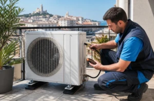 Technicien controlant une unite exterieure de climatisation sur une terrasse a Marseille