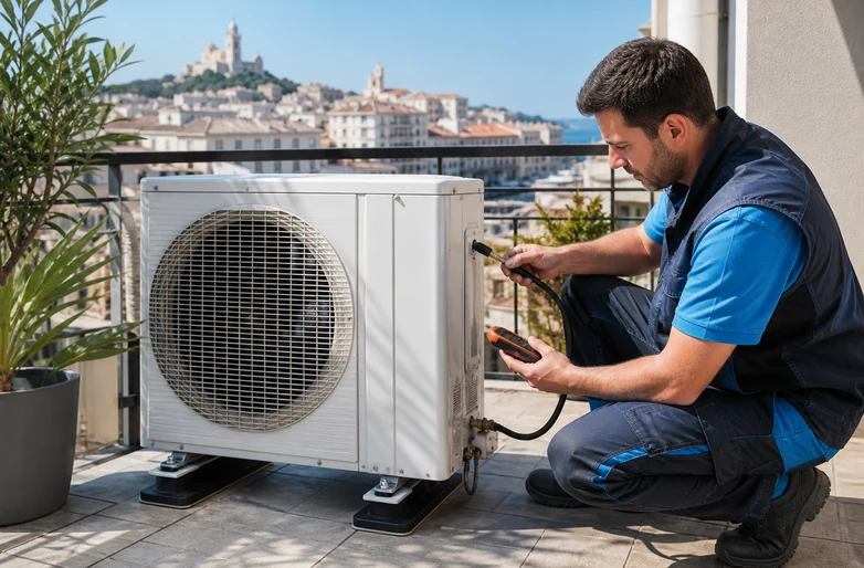 Technicien controlant une unite exterieure de climatisation sur une terrasse a Marseille