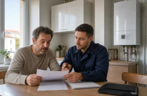 Chauffagiste expliquant une facture de gaz avec une chaudière en arrière-plan
