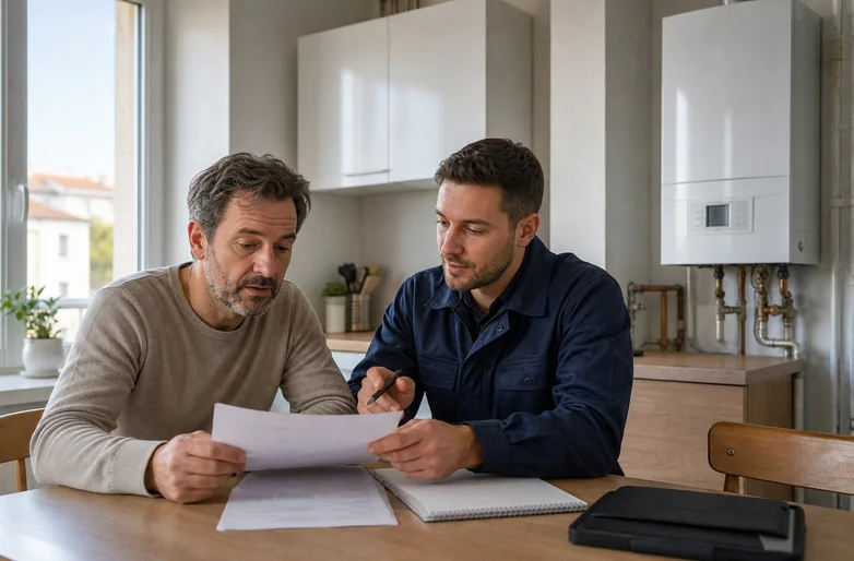 Chauffagiste expliquant une facture de gaz avec une chaudière en arrière-plan