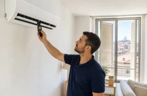 Technicien contrôlant le soufflage d’une climatisation murale après une vague de chaleur