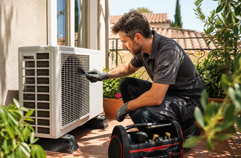 Technicien nettoyant une unit&eacute; ext&eacute;rieure de climatisation sur une terrasse